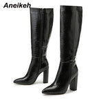 Aneikeh Damen Kniehohe High-Heel-Stiefel – Lackleder Boots mit Krokodil-Prägung, Blockabsatz & seitlichem Reißverschluss