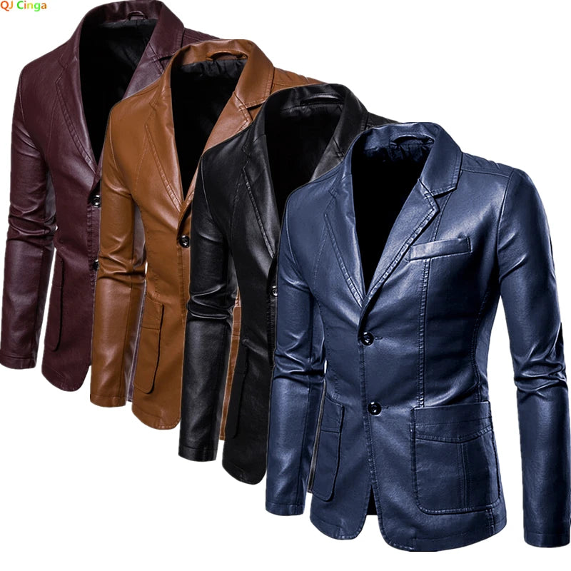 Veste en cuir PU pour hommes avec revers – Veste Smart-Casual Slim Fit en noir et bleu pour les affaires, les fêtes et les herbes