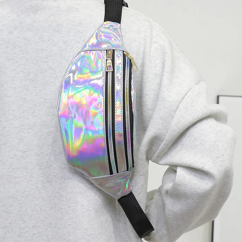 Riñonera de piel sintética para mujer y hombre, bandolera holográfica con láser, bandolera y bolso de pecho impermeable para deportes y etiquetas