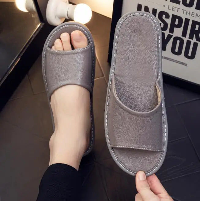 Chaussures de maison en cuir unisexe – Pantoufles plates classiques en cuir véritable pour maison, maison pour hommes et femmes 