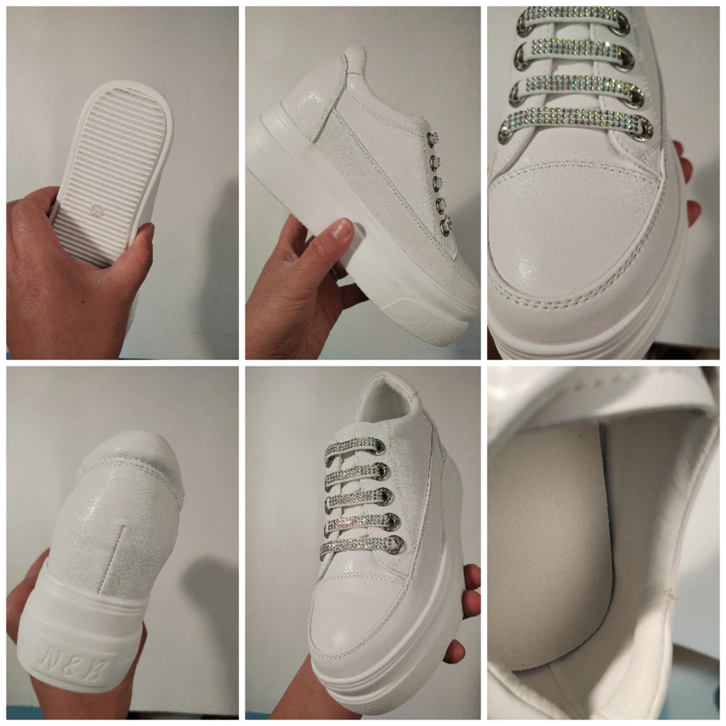 Damen Plateau Sneaker aus echtem Leder – 8 cm Keilabsatz, luxuriöse Schnürschuhe mit Glanzdetails für Frühling, Sommer & Herbst