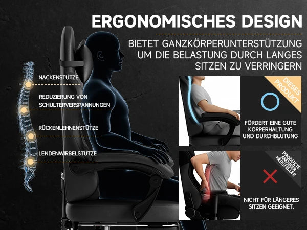 Ergonomischer Gaming-Stuhl aus Leder mit Massagefunktion & Fußstütze – Belastbar bis 150 kg, verstellbarer Gamer- & Bürostuhl für PC & Office