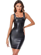 Dames PU Cuir Mini Kleid S–5XL – Ärmelloses Bodycon Clubwear Kleid en cuir, figurines Sexy Party &amp; Sommerkleid
