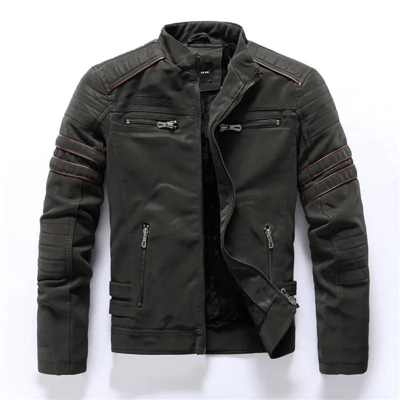 Herren Motorrad PU-Lederjacke mit Fleece-Futter – Vintage Biker Jacke mit Stehkragen &amp; Multi-Taschen pour Herbst &amp; Winter 2025