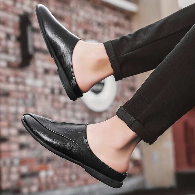 Herren Sommer Loafer aus echtem Leder – Atmungsaktive Half-Slipper Slip-On Driving Shoes, Bequeme Casual Schuhe für Alltag & Freizeit