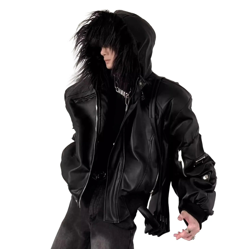 Herren PU-Lederjacke oversize mit Kunstfell-Kapuze – Kurze schwarze Designer Jacke, cálido y elegante para mujeres y hierbas