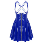 Ropa de cuero de PU con apariencia húmeda y estilo gótico punk: vestido ceñido al cuerpo con cremallera frontal, copas recortadas y una línea A asimétrica 