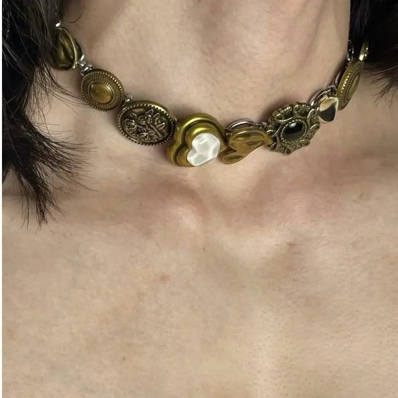 Vintage Halskette mit braunem Stein-Anhänger – Eleganter Layering Choker & Clavicle Chain aus Edelstahl für Damen & Herren