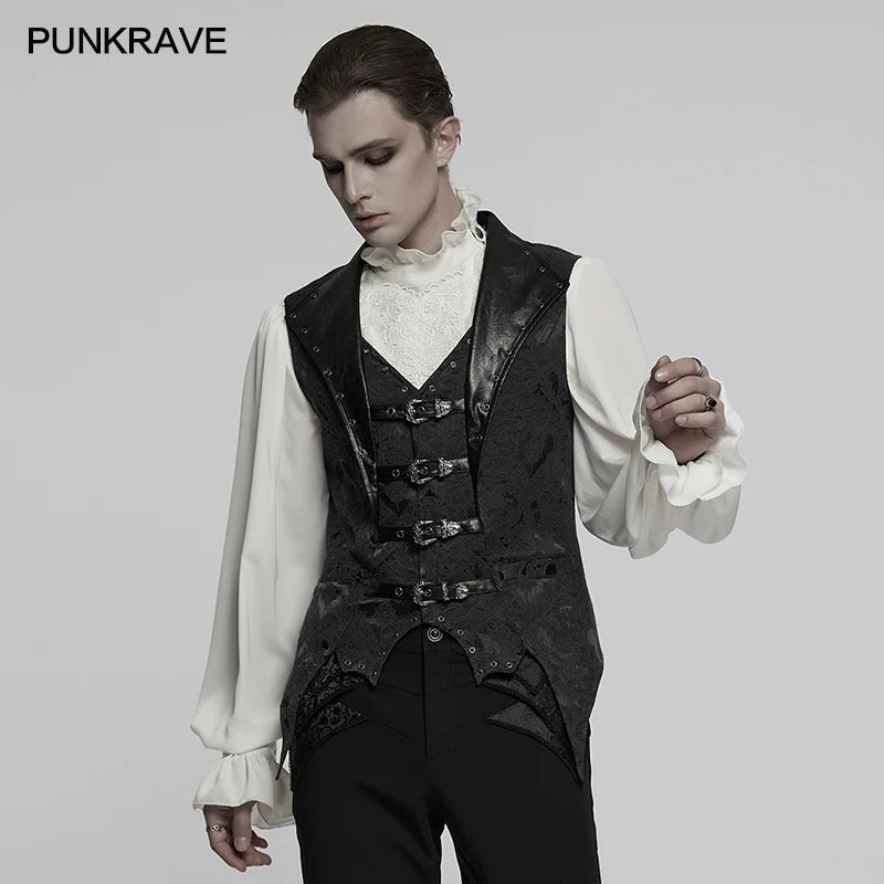 PUNK RAVE Herren Gothic Lederweste – Jacquard Lapel Waistcoat mit Fledermaus-Saum, Edle Slim Fit Weste für Party & Dark Fashion