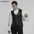 PUNK RAVE Herren Gothic Lederweste – Jacquard Lapel Waistcoat mit Fledermaus-Saum, Edle Slim Fit Weste für Party & Dark Fashion
