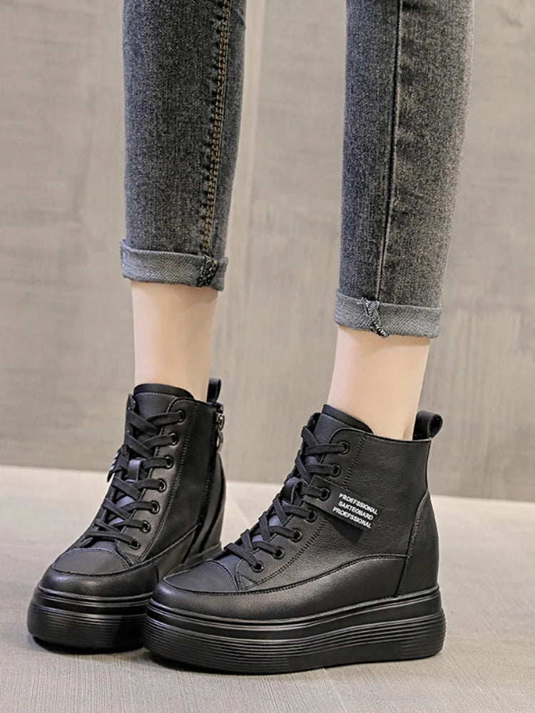 Fujin Damen Platform Wedge Sneakers aus echtem Leder – 8 cm Keilabsatz, Chunky Lace-Up Schuhe mit dicker Sohle für Herbst & Winter