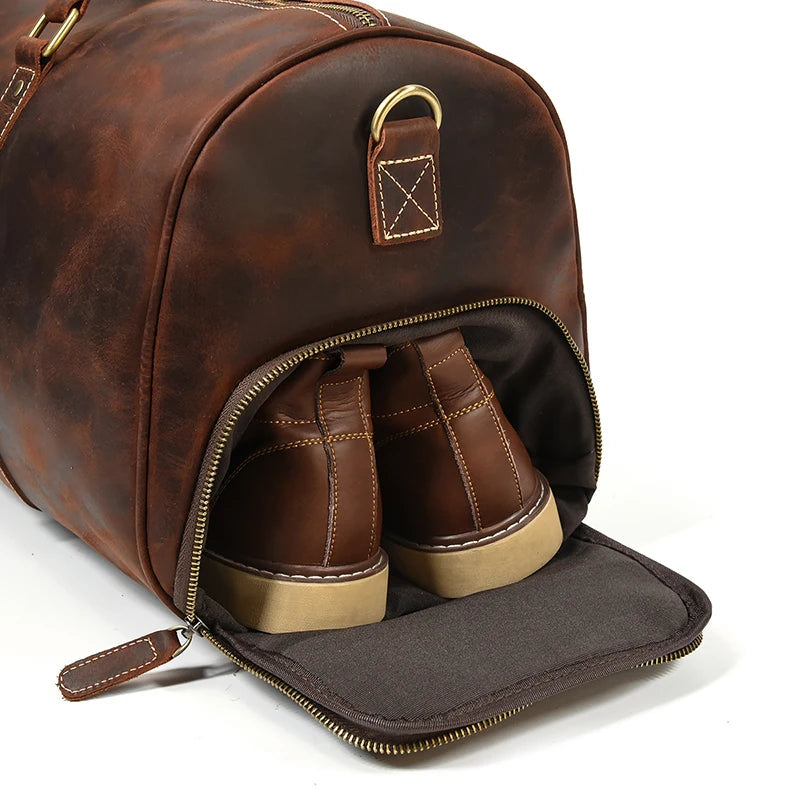 Newsbirds Vintage Leder Reisetasche für Herren – Große Travel Duffle aus echtem Rindsleder mit Schuhfach & Nietenboden