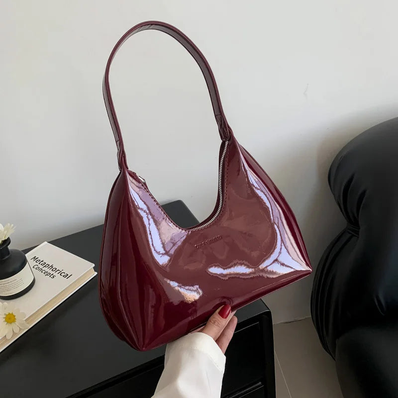 Luxus Damen Schultertasche aus Lackleder – Elegante Tote Bag in Halbmond-Form, wasserabweisend & stilvoll für jeden Anlass