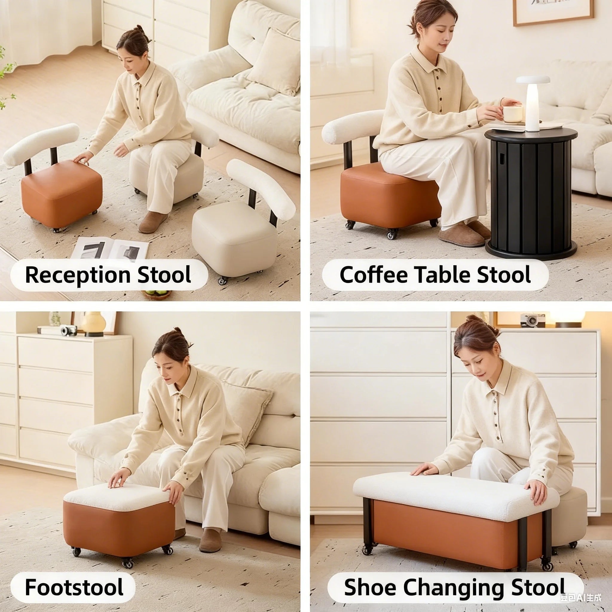 Kleiner Lederhocker mit Rückenlehne & Rollen – Stilvoller Ottoman & Fußhocker für Wohnzimmer, Schlafzimmer & Büro