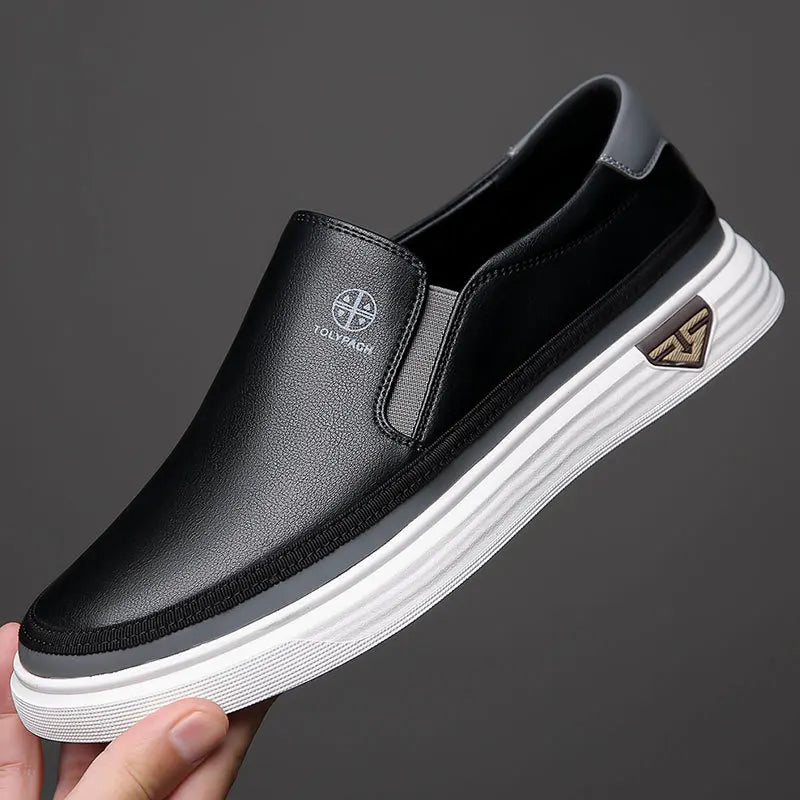 OLOMM Herren Ledersneaker 2025 – Slip-On Casual Schuhe, weiße Alltagssneaker, weich, komfortabel, Frühling/Sommer