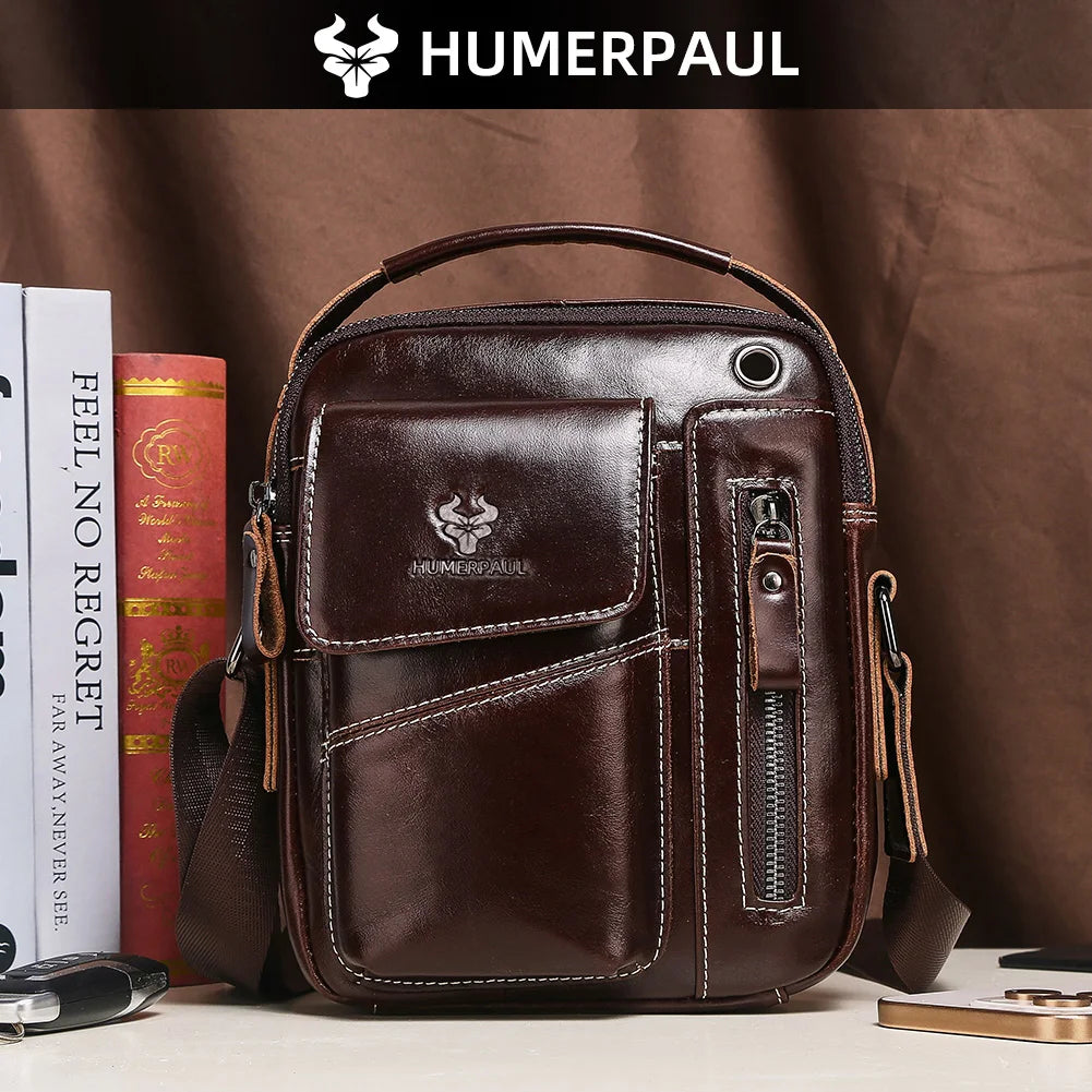 HUMERPAUL Herren Leder Messenger Bag – Vintage Crossbody Umhängetasche mit Mehreren Fächern für Business & Alltag