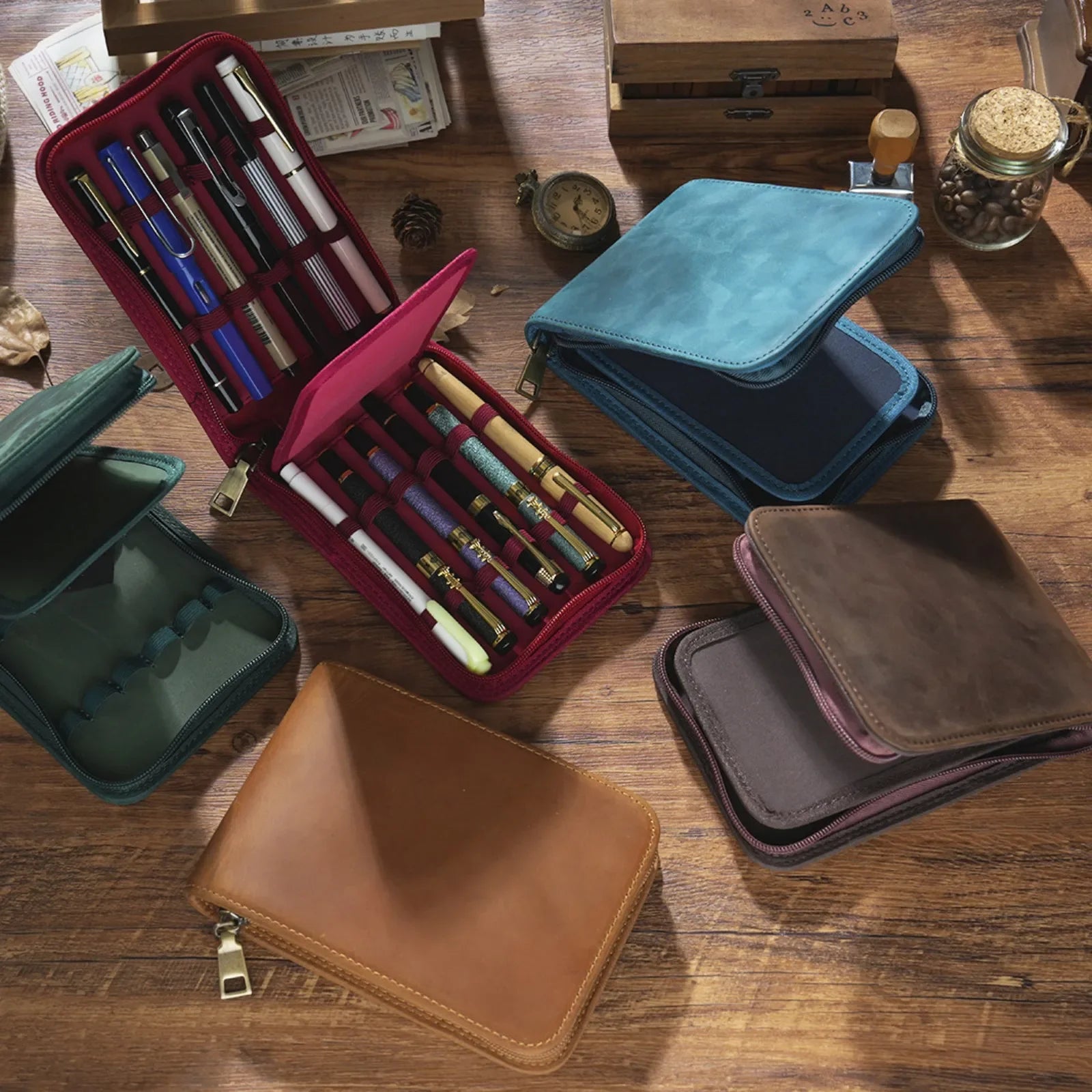 Vintage Leder Füller-Etui für 12 Stifte – Großes Reißverschluss Stiftemäppchen aus echtem Leder für Schule &amp; Büro 