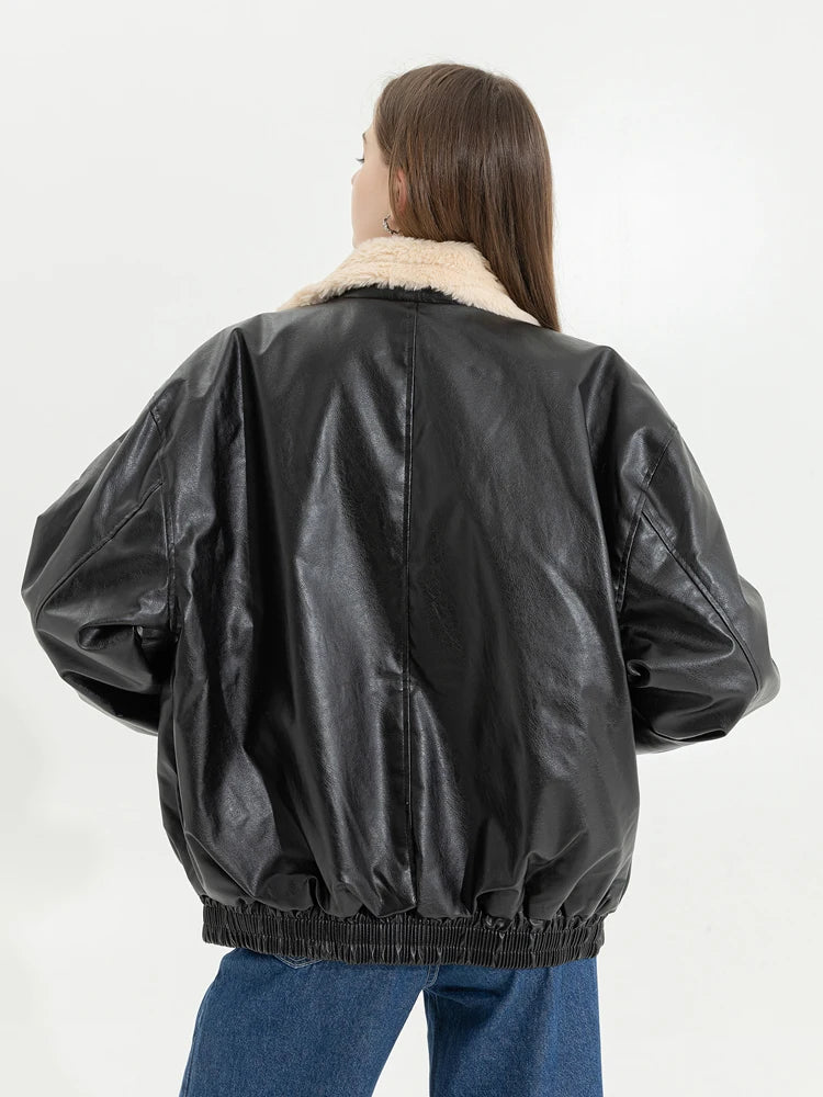 Veste d'hiver en cuir pour femme avec laine optique – Veste de moto chaude en PU avec revers, style motard vintage 