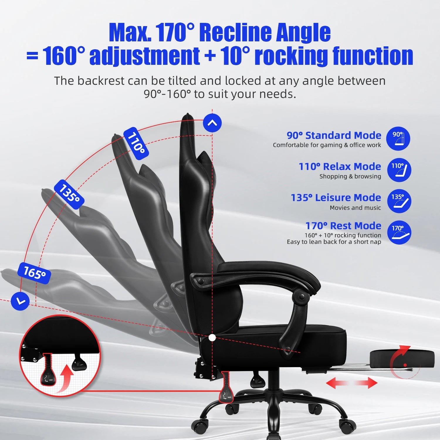 AUTHMIC Ergonomischer Gaming Chair mit Fußstütze – Verstellbarer PU-Leder Bürostuhl mit Lordosenstütze & Liegefunktion für Home Office & Gamer