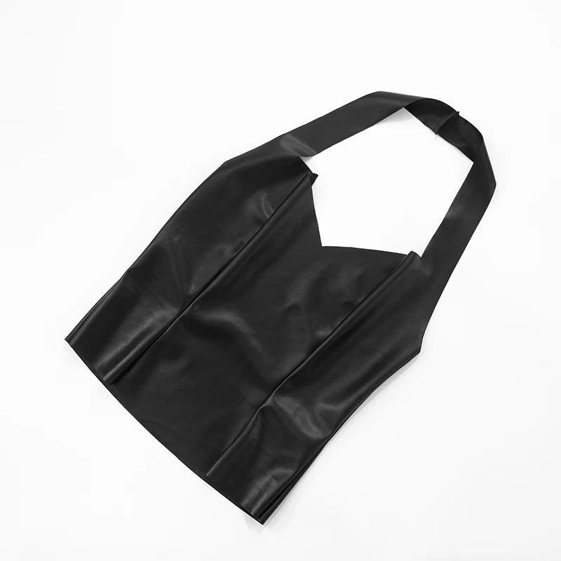 Sexy PU Leder Damen Zweiteiler – Trägerloses Halter Crop Top & Skinny 7/8 Hose, rückenfreies Faux Leather Set für Night Out & Club