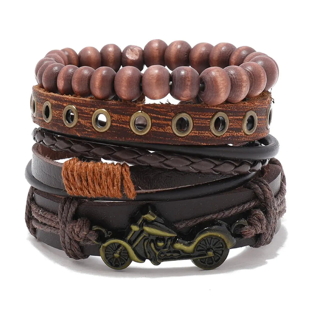 Vintage Lederarmband für Herren – Mehrfach geflochtenes Armband mit braunen Holzperlen, verstellbares Zugband im klassischen Stil