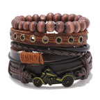 Vintage Lederarmband für Herren – Mehrfach geflochtenes Armband mit braunen Holzperlen, verstellbares Zugband im klassischen Stil