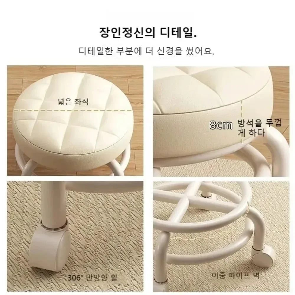 Niedriger Rundhocker mit Rollen aus PU-Leder – Gepolsterter Schuhwechselstuhl mit dicker Schaumstoffpolsterung, wasserfest & mobil