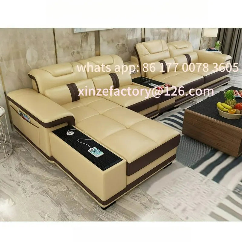 Modernes Luxus Leder-Ecksofa mit Schlafunktion – Smart Couch en L avec Bluetooth, Lautsprecher, USB &amp; Getränkehaltern, barre de configuration individuelle