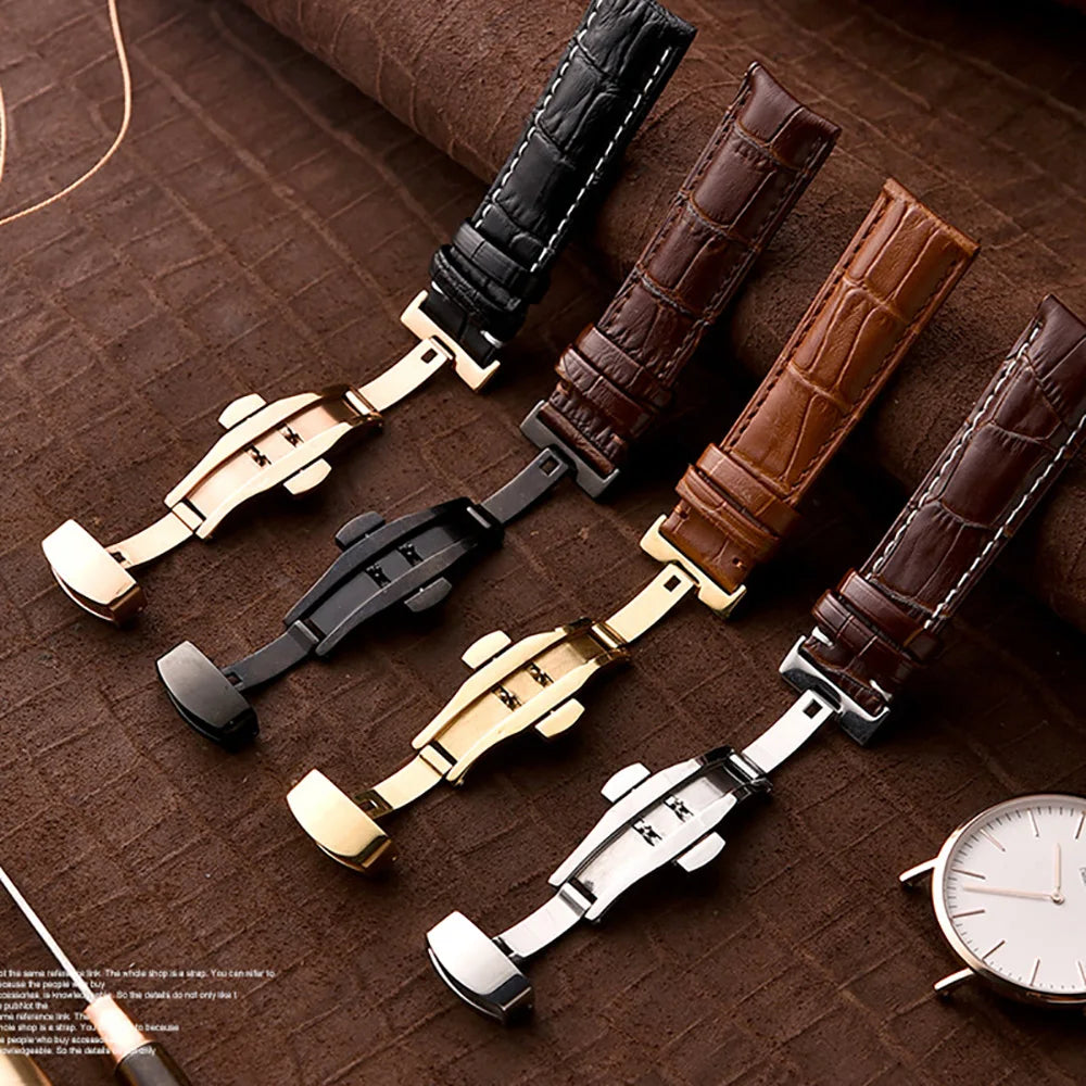 Echtes Leder Uhrenarmband mit Schmetterlingsschließe & Holzbox – Premium Armband 18/20/22/24 mm für klassische Armbanduhren