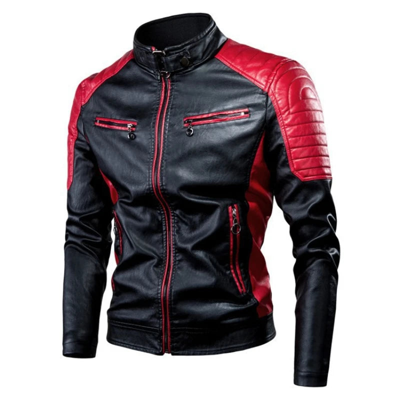 Herren PU Leder Motorradjacke mit Stehkragen – Farbblock Design, leichte Bikerjacke im Casual Style für Frühling & Herbst