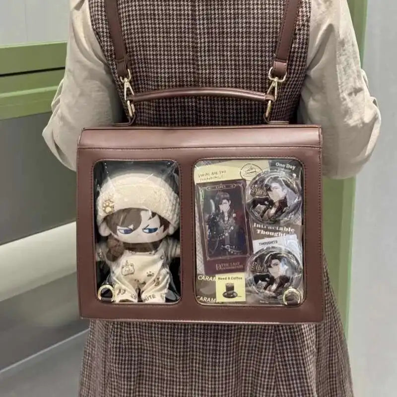 Japanischer Ita Damen & Mädchen Rucksack – PU Leder Preppy Style Backpack mit transparentem Fach, kompakt & stylisch