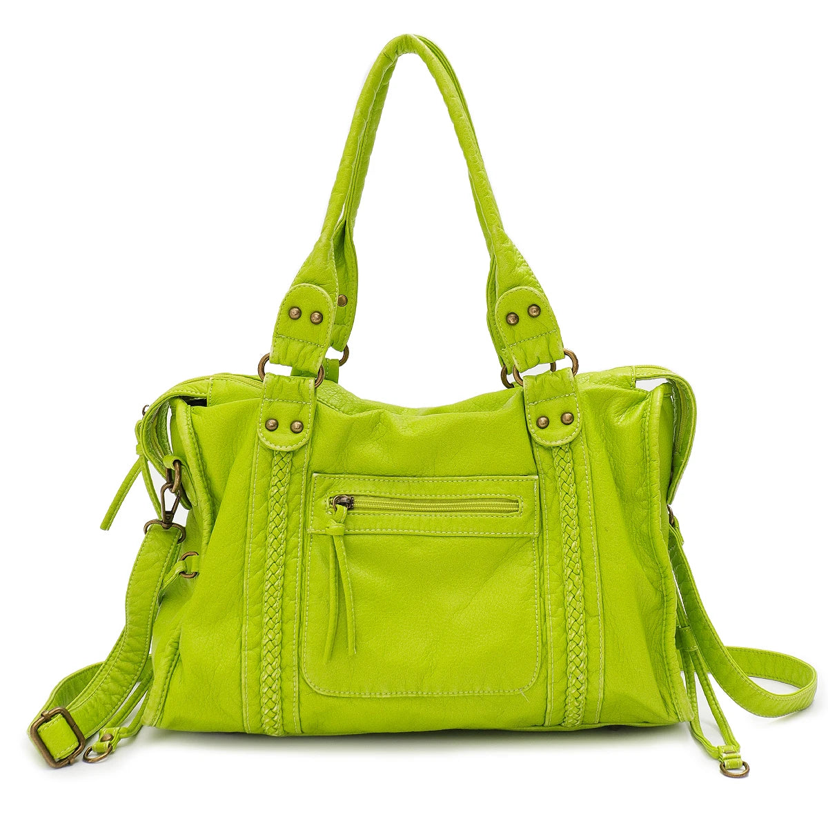 Vintage Tote Bag aus gewaschenem PU-Leder – Große Schulter- & Crossbody Tasche mit Zipperfächern, Flecht- & Quastendetails