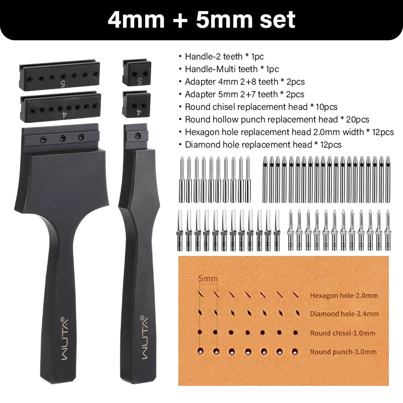 WUTA Multifunktionaler Leder Lochstanzer – Austauschbares Stich- & Lochwerkzeug mit Rund-, Diamant-, Oliven- & French-Style Köpfen