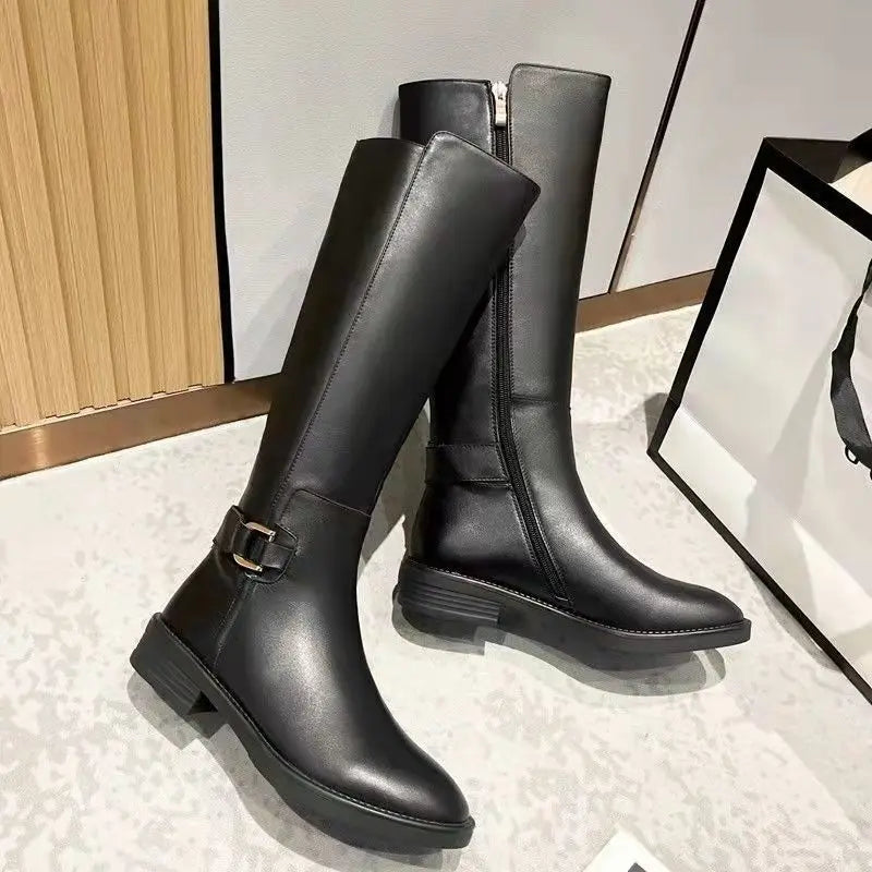 Schwarze Damen Kniehohe Stiefel aus PU-Leder – Elegante Reitstiefel mit Metallschnalle, Reißverschluss & komfortablem Blockabsatz (Größe 34–41)