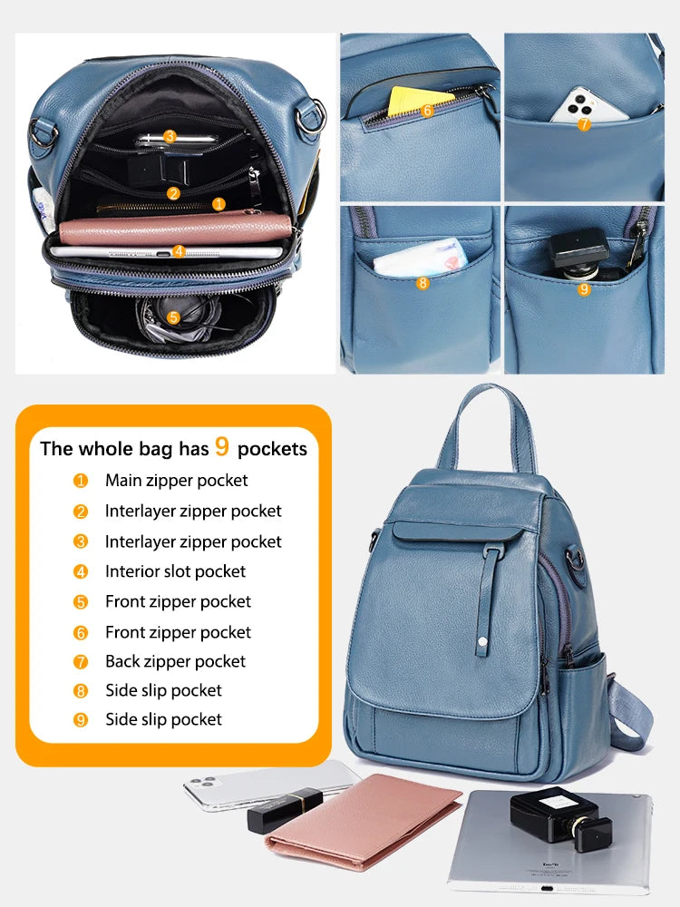 ZENCY Damen Rucksack aus echtem Leder – Modischer Fashion Backpack mit Multifunktionstaschen, hochwertiger Schul- & Reiserucksack für Alltag & Freizeit