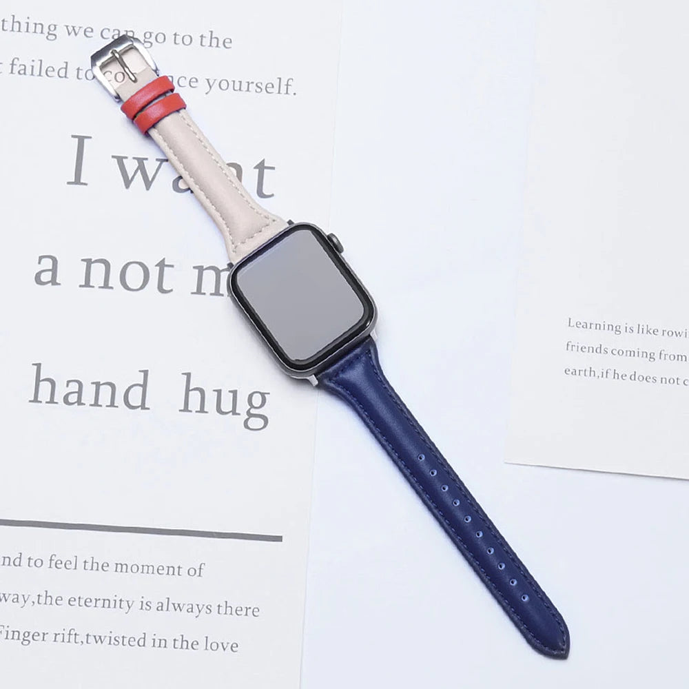 Schmales Lederarmband für Apple Watch – Elegantes Slim Leather Strap für Damen 38–45 mm & Ultra 49 mm mit Metallschließe