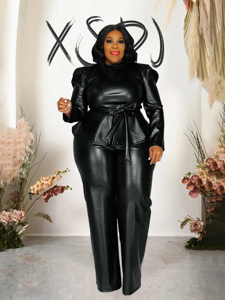 Damen PU-Leder 2-Teiler Set in Schwarz – Langarm Top mit Stehkragen & Hose, Sexy Curvy Plus Size Outfit für Frühling & Sommer