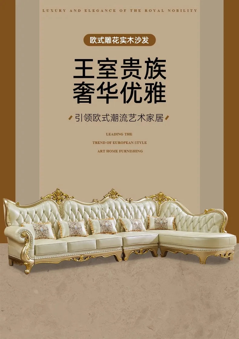 Europäisches Leder Ecksofa im französischen Stil – Massivholz Wohnzimmersofa in Champagner-Gold, L-Form Kombination