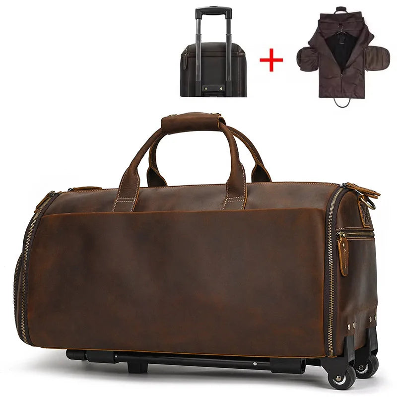 Luufan Crazy Horse Leder Anzug-Reisetasche – Faltbare Business Travel Duffle Bag aus echtem Rindsleder mit Schuhfach & Kleidersack
