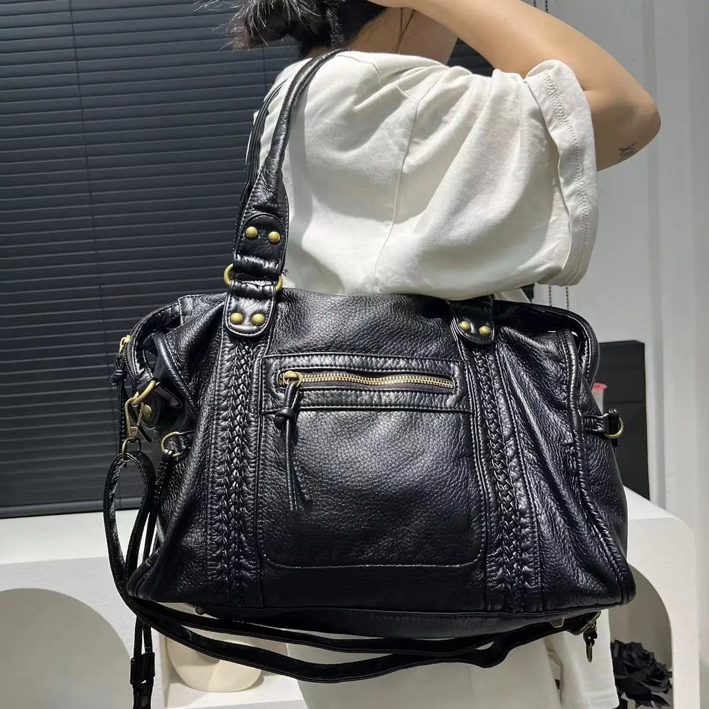 Y2K Retro Motorrad Schultertasche für Damen - Bolso bandolera vintage grande con cuero de PU en apariencia usada