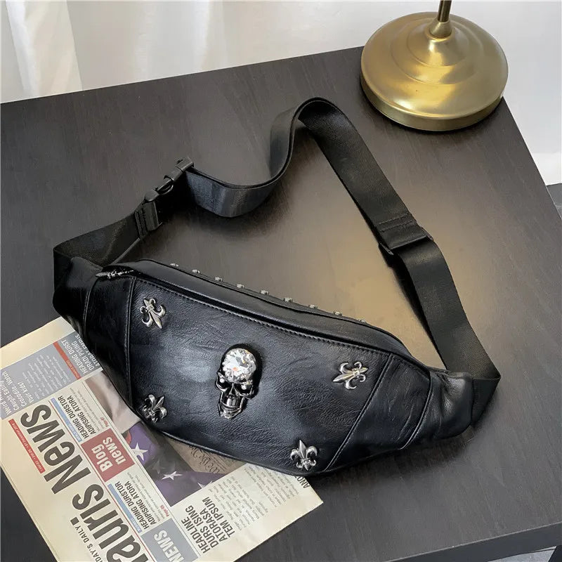 Annmouler Unisex Bauchtasche 2022 – Punk Style Fanny Pack aus Schwarzem PU-Leder mit Totenkopf, Nieten & Verstellbarem Gurt