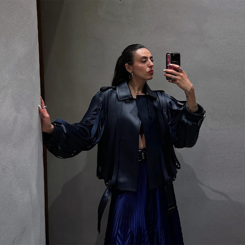 Damen Oversize Kunstleder Jacke 2025 – Chic High-Street Lederoptik mit Reverskragen, Gürtel & Reißverschluss, Retro Streetwear Mantel