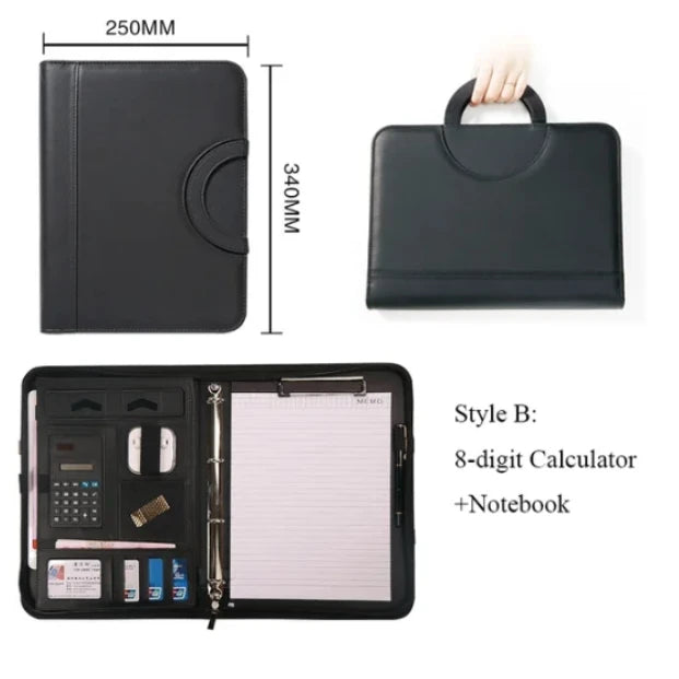 A4 PU-Leder Business Dokumententasche mit Reißverschluss & Taschenrechner – Konferenzmappe mit Griff | Tragbare Aktenmappe & Tablet-Organizer fürs Büro