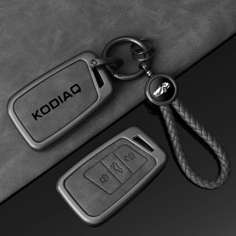 Premium Leder-Metall Autoschlüssel Hülle für Skoda Kodiaq – Elegantes Keyless Key Case Cover mit robuster Schutzhülle