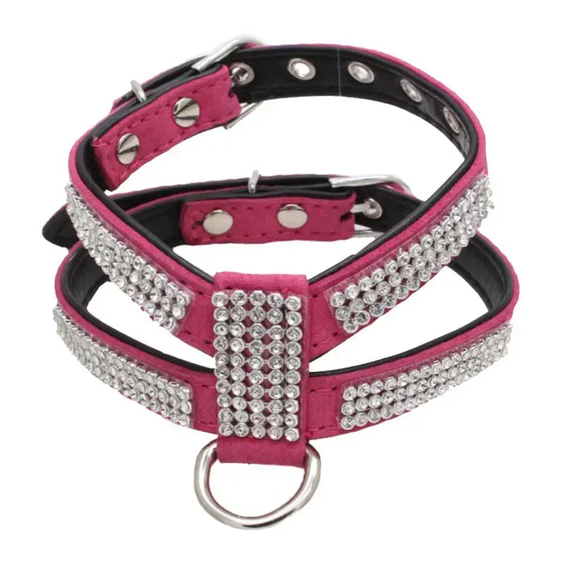 Verstellbares Hunde-Geschirr mit Strass – K-förmiges Bling Harness aus PU-Leder mit Schnellverschluss für kleine Hunde & Katzen