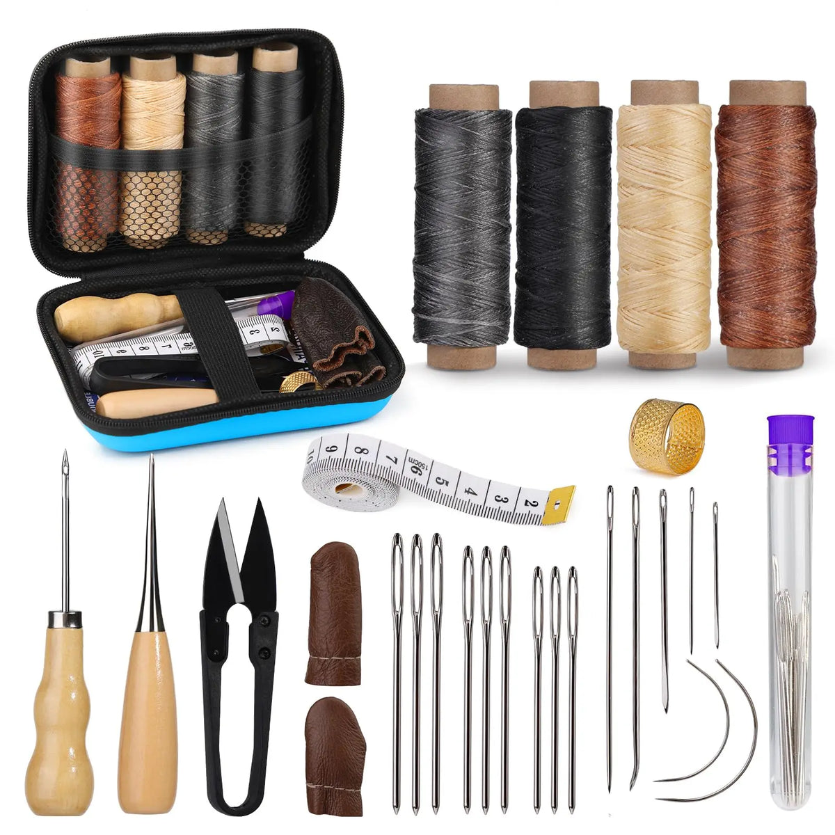 FELE Leder Nähset – Komplettes Leather Working Kit mit Großöhr-Nadeln, gewachstem Faden & Ahle für Reparatur & DIY