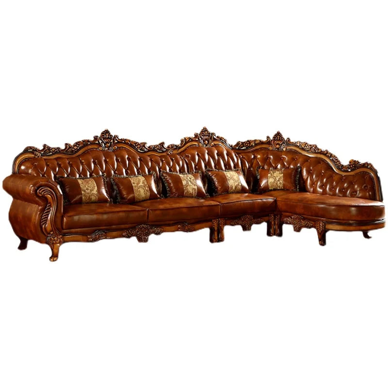 Europäisches Designer Leder-Ecksofa im Mid-Century-Stil – U-Form Wohnlandschaft aus Rindsleder mit Schlaffunktion, hochwertiges Luxussofa für das Wohnzimmer