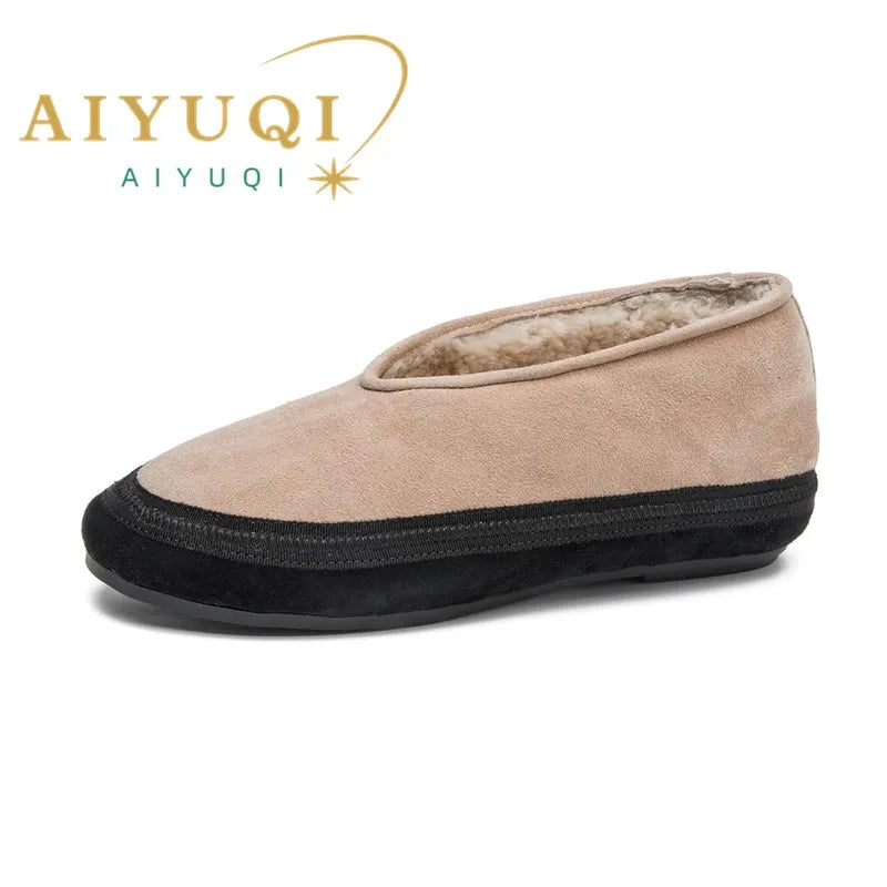 AIYUQI Ballerines d'hiver pour femmes en cuir véritable – Warme Flats mit Fellfutter, Bequeme Winter Schuhe mit spitzer Zehenform 2025 