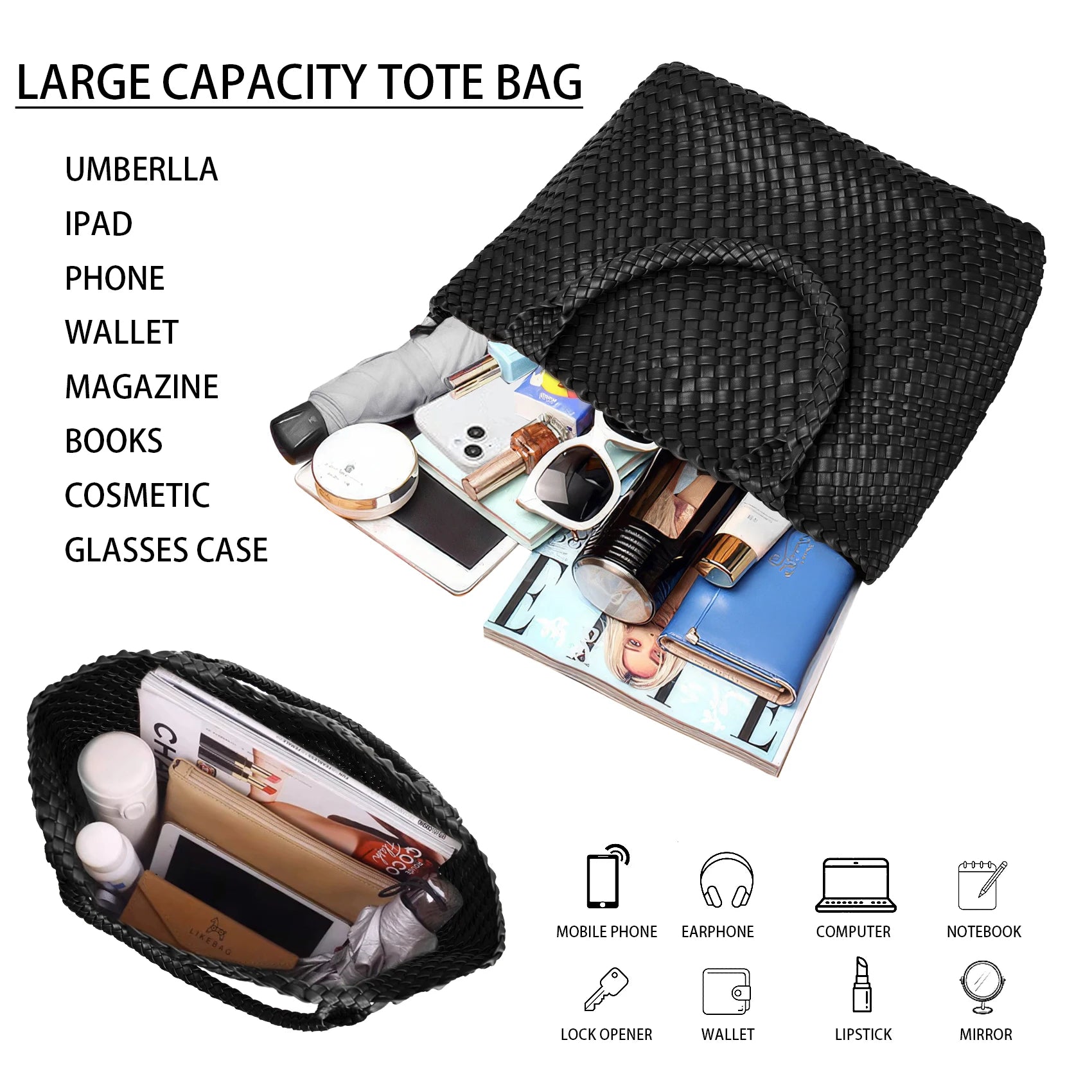 Woven Tote Bag für Damen – Veganes Leder, Große Schultertasche & Strandtasche, Vielseitige Reise- und Alltagstasche