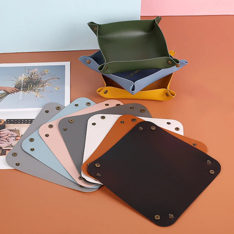Nordic Style PU-Leder Ablageschale – Faltbarer Desktop Organizer für Schlüssel, Schmuck & Kosmetik | Quadratische Aufbewahrungsbox